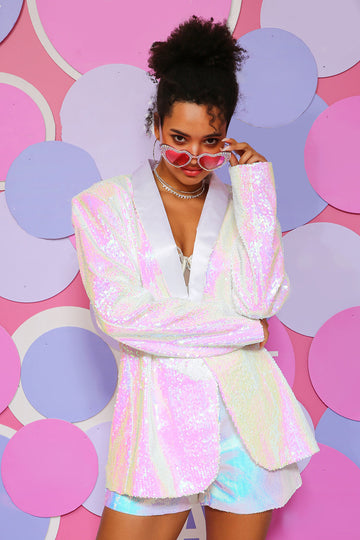 Hvide pailletter en knap blazer til kvinder